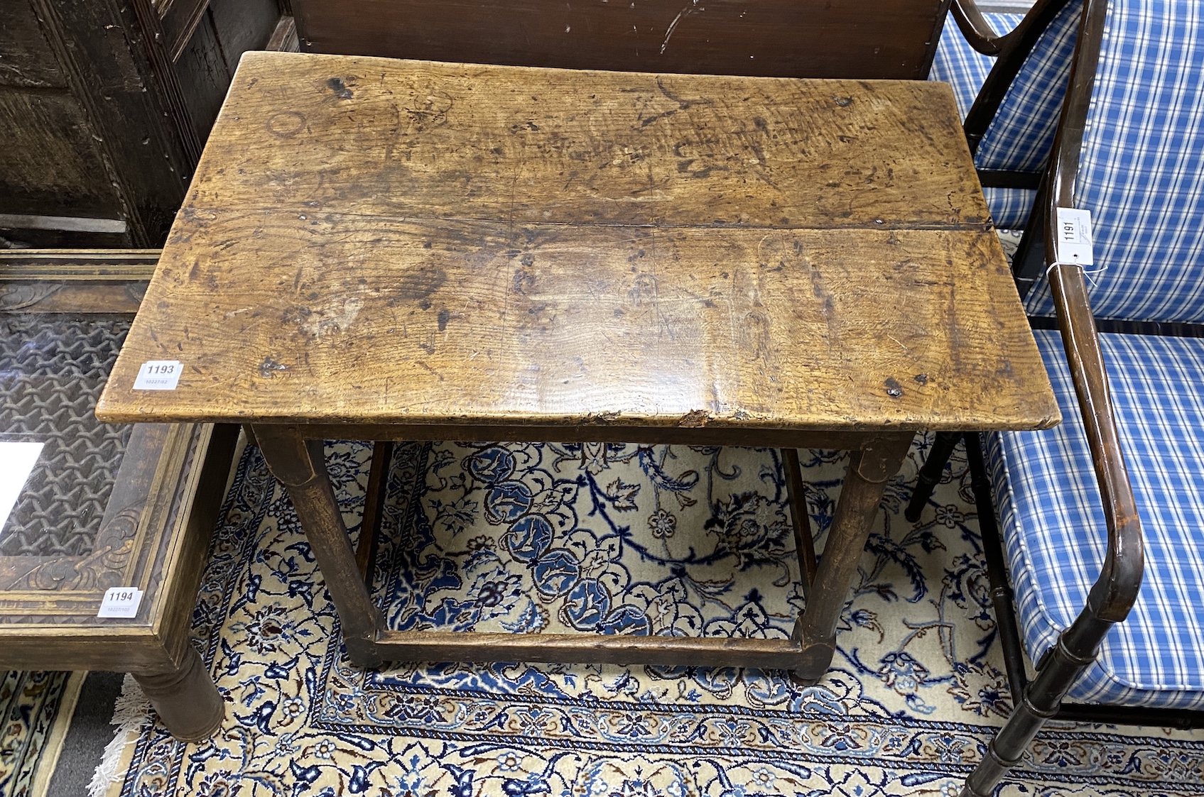 An early 18th century oak rectangular topped side table, width 92cm, depth 57cm, height 64cm